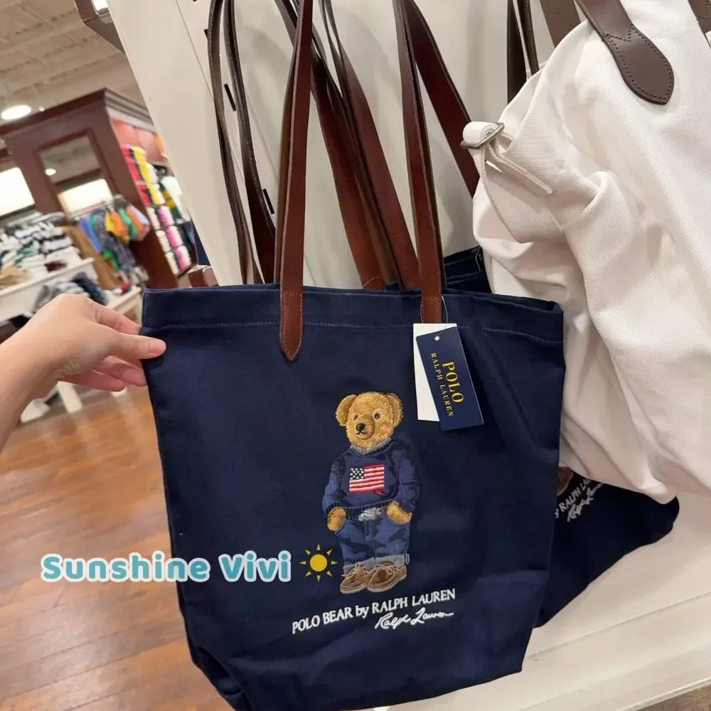 NWT Polo Ralph Lauren Cotton Embroidered American Bear Tote Bag Canvas Navy